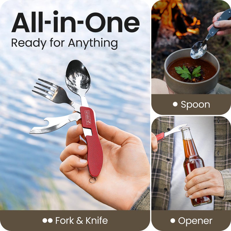 Orblue 4-in-1 Camping Eating Utensils  2-Pack - Portable Spoon  Fork  Knife & Bottle Opener Combo Set - Stainless Steel Flatware with Detachable Fork - Travel  Backpacking Cutlery Multitool  Red - Image 2